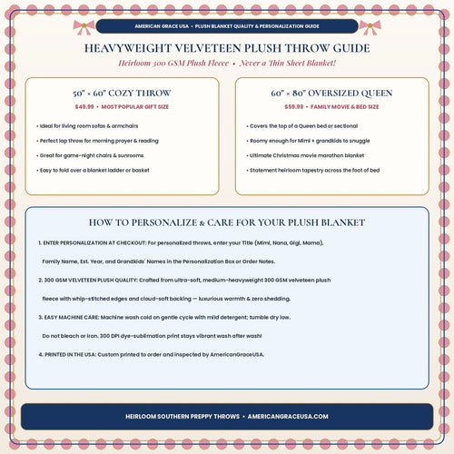 AmericanGraceUSA Heirloom Plush Blanket Size, Fabric & Care Guide Card