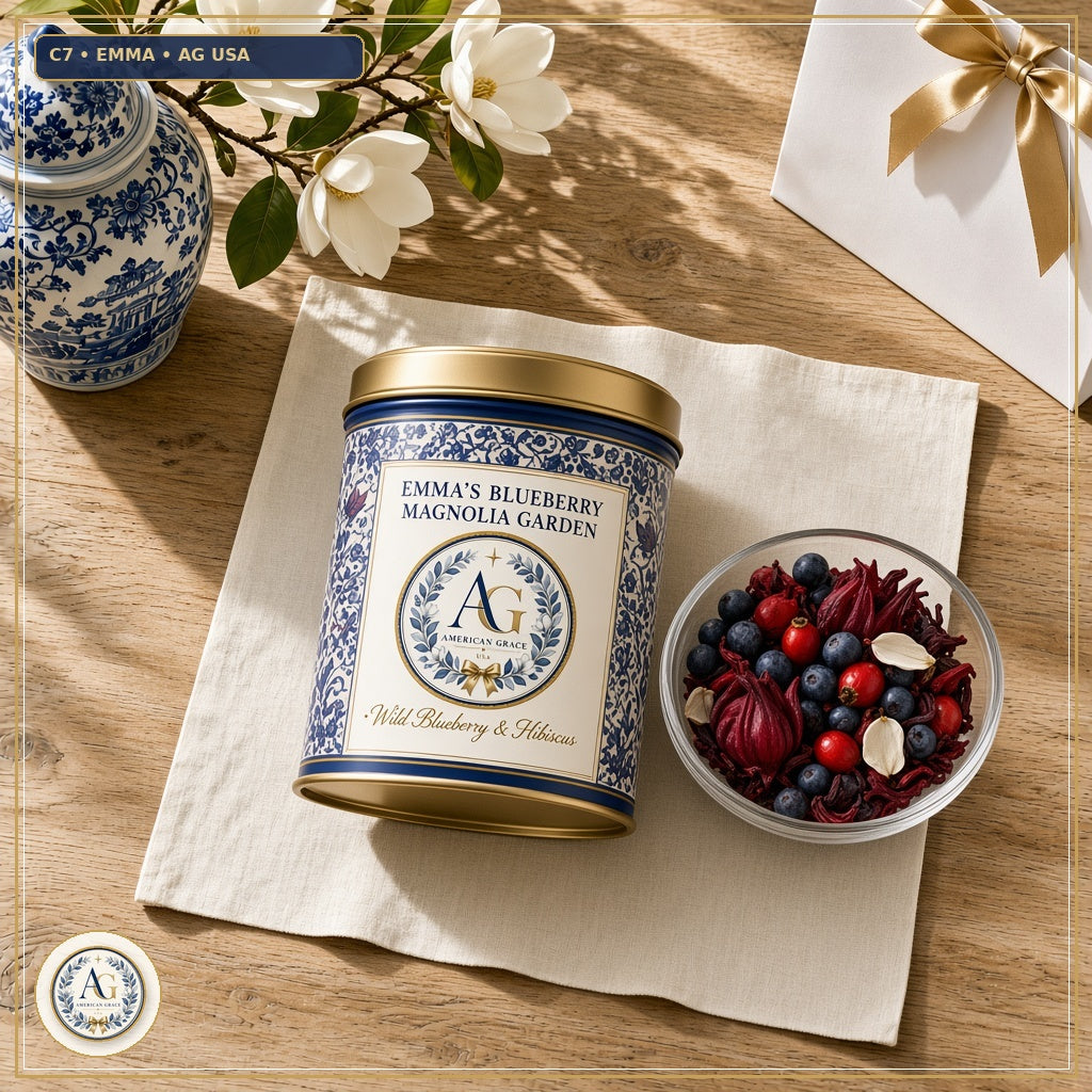 Emma's Blueberry Magnolia Garden Blend — USDA Organic Wild Blueberry, Hibiscus & Rosehips Tea (American Grace USA) — Flagship Boutique Oak Table Studio