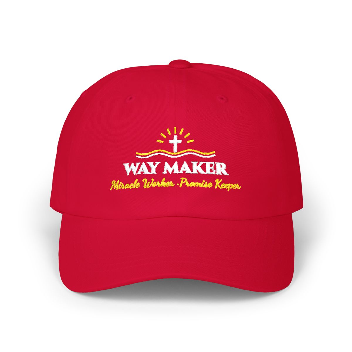 Way Maker Embroidered Classic Cotton Dad Cap — Cranberry Front View