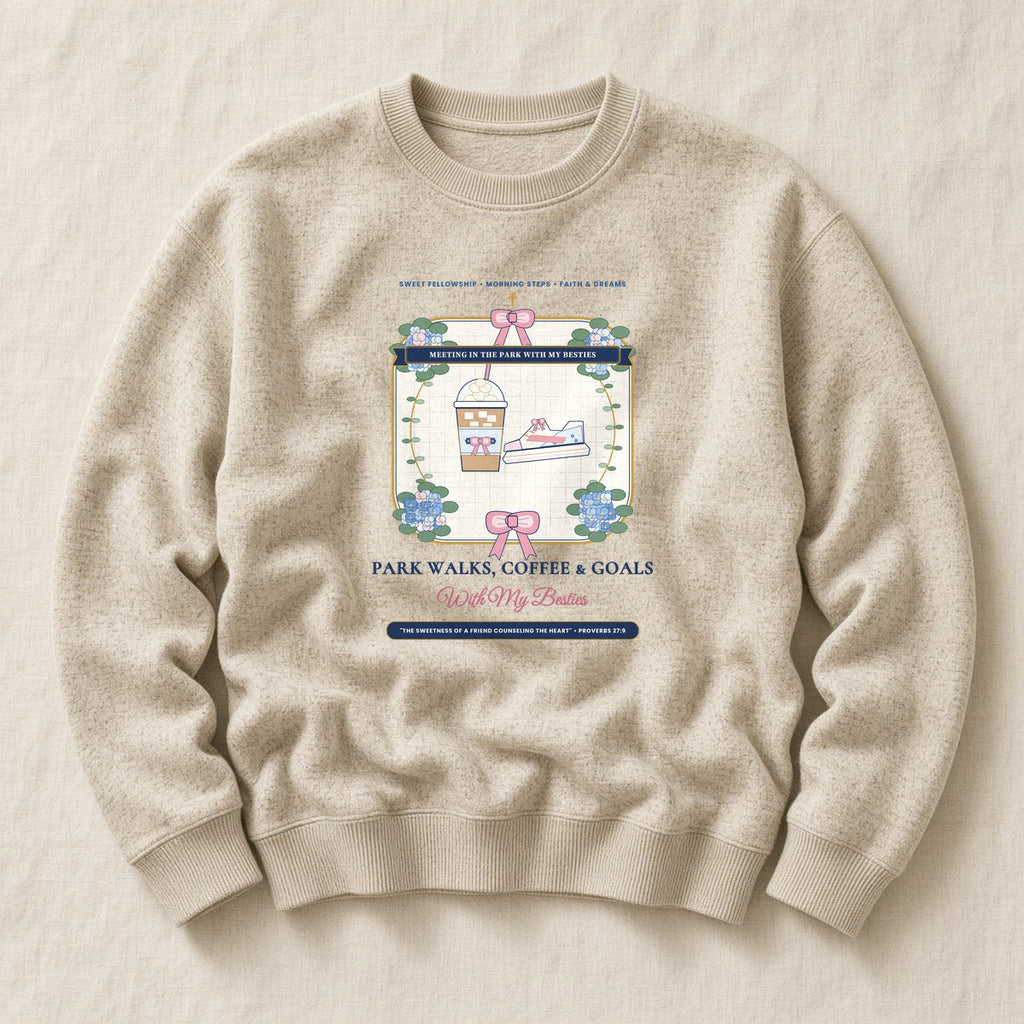 Park Walks Coffee & Goals With My Besties Ultra-Soft Sponge Fleece Sweatshirt in Heather Dust Flat-Lay | American Grace USA