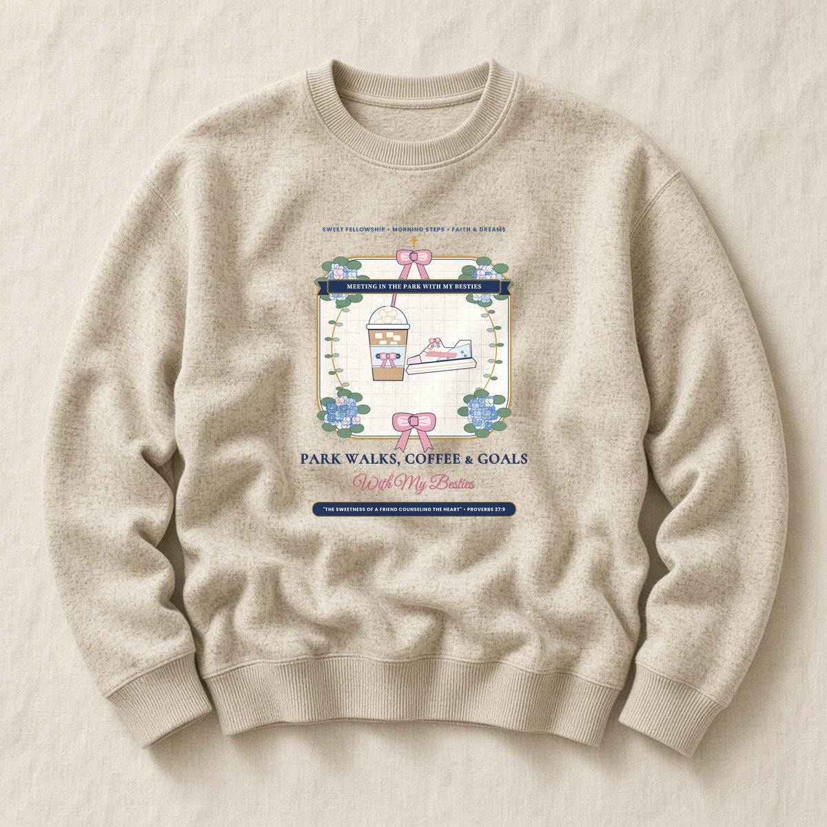 Park Walks Coffee & Goals With My Besties Ultra-Soft Sponge Fleece Sweatshirt in Heather Dust Flat-Lay | American Grace USA