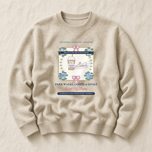 Park Walks Coffee & Goals With My Besties Ultra-Soft Sponge Fleece Sweatshirt in Heather Dust Flat-Lay | American Grace USA
