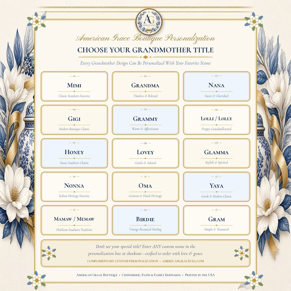 Choose Your Grandmother Title — 15 Beloved Grandmother Names Personalization Chart (Mimi, Grandma, Nana, Gigi, Grammy, Lolli, Honey, Lovey, Glamma, Nonna, Oma, Yaya, Mamaw, Birdie, Gram) | American Grace Boutique