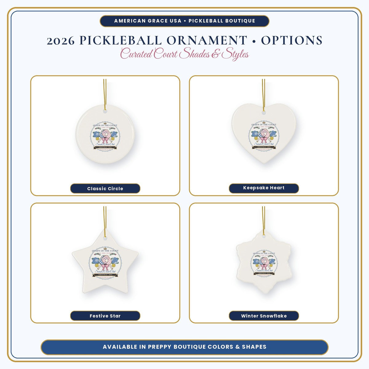 Personalized 2026 Pickleball Ceramic Ornament 4 Heirloom Shapes Comparison Grid
