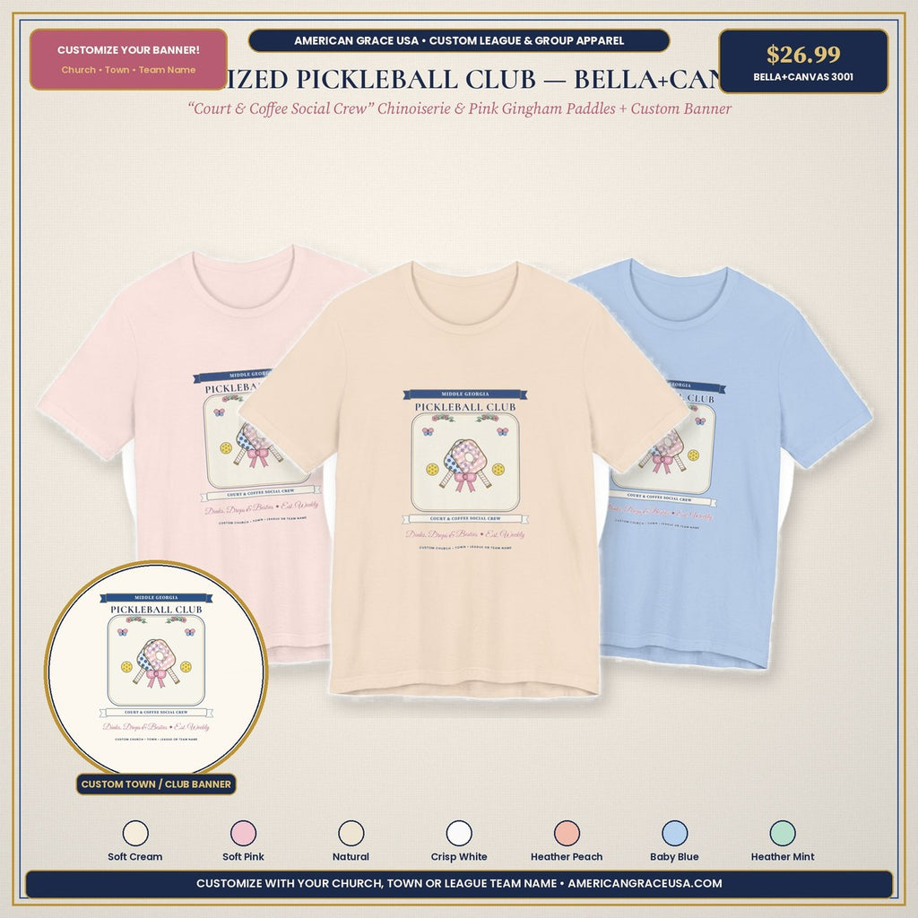 Personalized Church or City Pickleball Club Shirt — Custom Team Name Court & Coffee Social Crew Boutique Hero Mockup