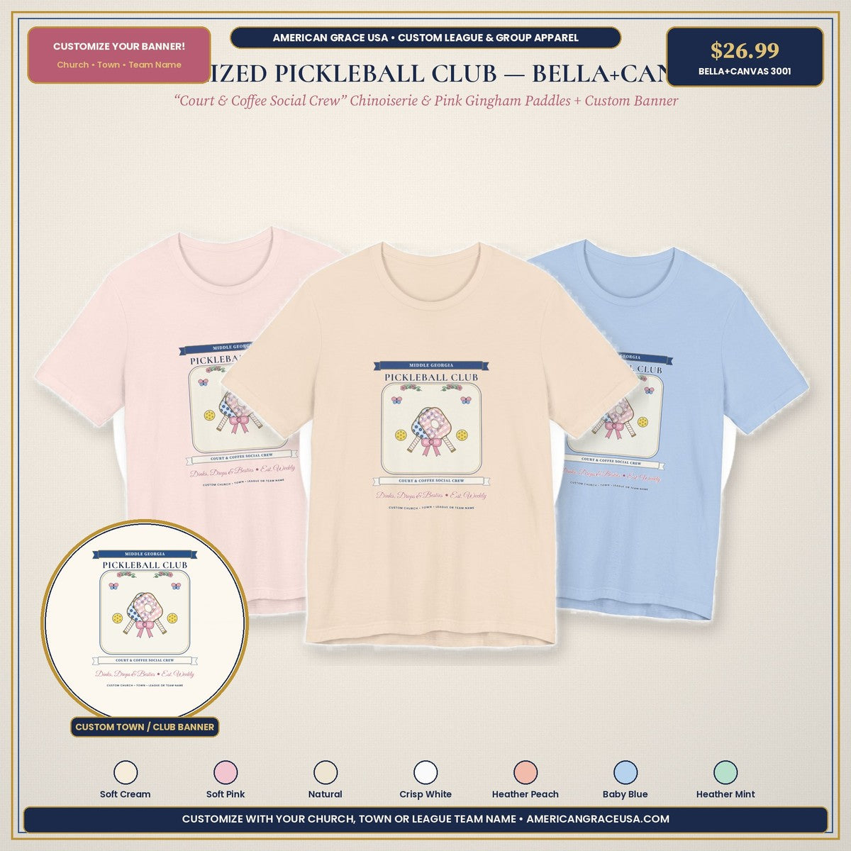 Personalized Church or City Pickleball Club Shirt — Custom Team Name Court & Coffee Social Crew Boutique Hero Mockup