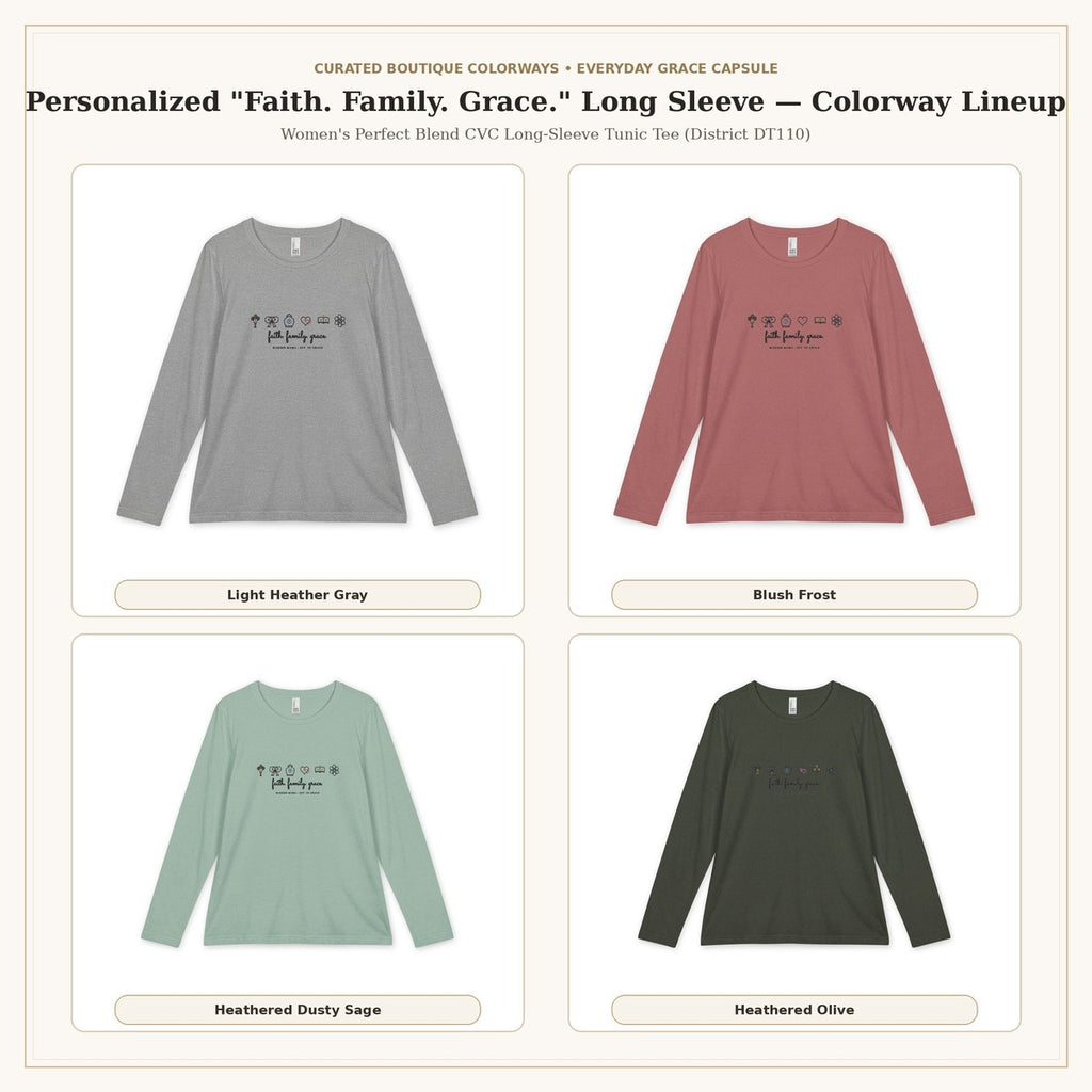 Personalized Faith Family Grace Long Sleeve Curated Colorway Lineup Grid | American Grace USA