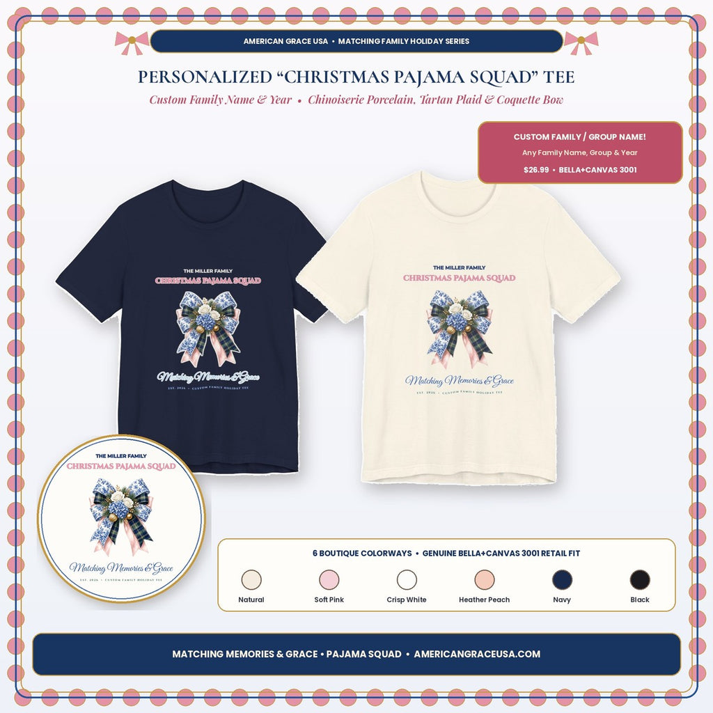 Personalized Family Name Family Christmas Pajama Squad Chinoiserie Plaid & Bow Holiday Tee Hero Card