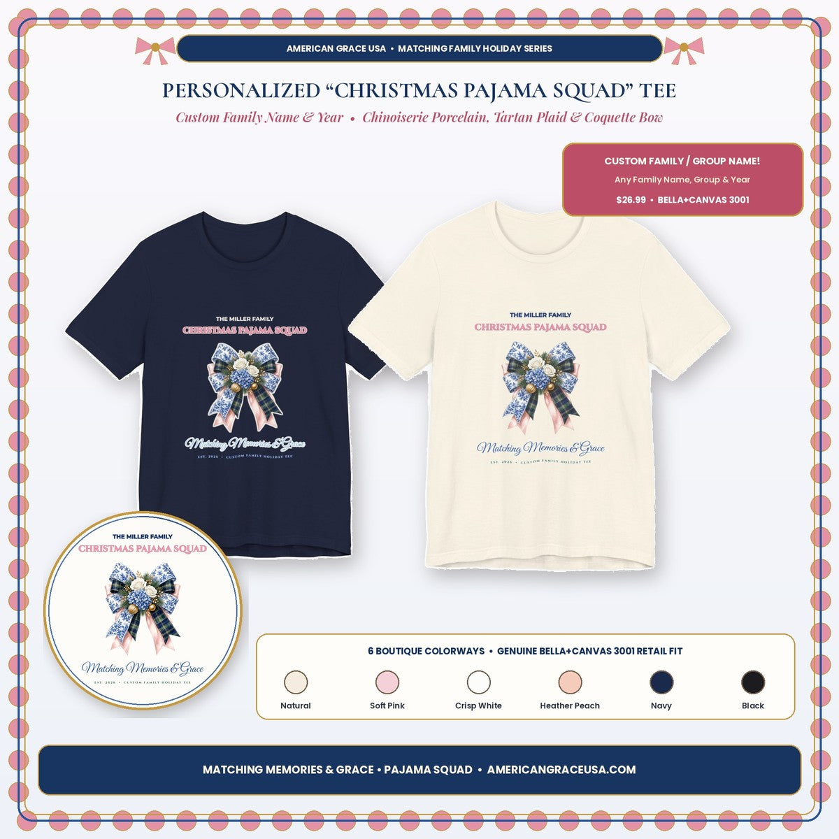 Personalized Family Name Family Christmas Pajama Squad Chinoiserie Plaid & Bow Holiday Tee Hero Card