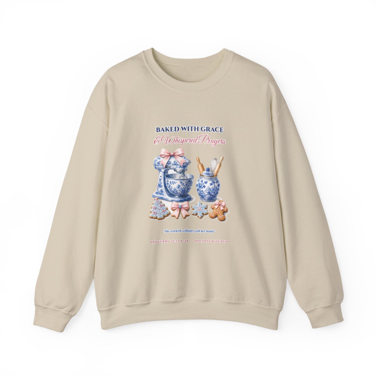 Baked With Grace & Prayer Proverbs 31 Gingerbread & Chinoiserie Stand Mixer Holiday Sweatshirt Flat-Lay