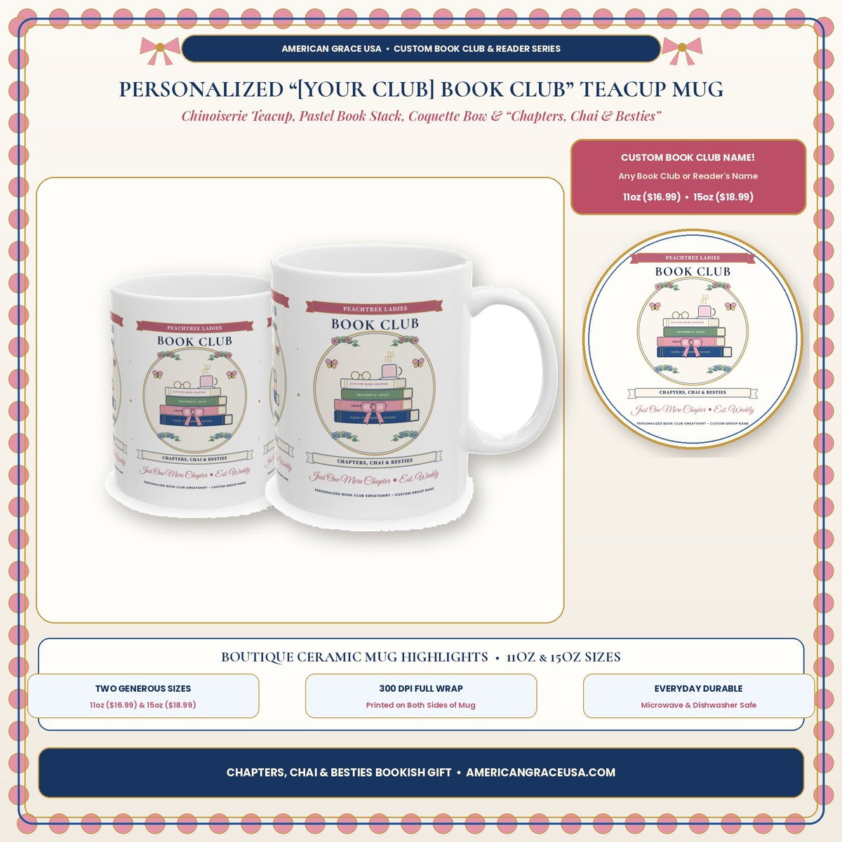 Personalized Book Club Chapters Chai & Besties Chinoiserie Teacup & Book Stack Ceramic Mug Boutique Hero Card - AmericanGraceUSA