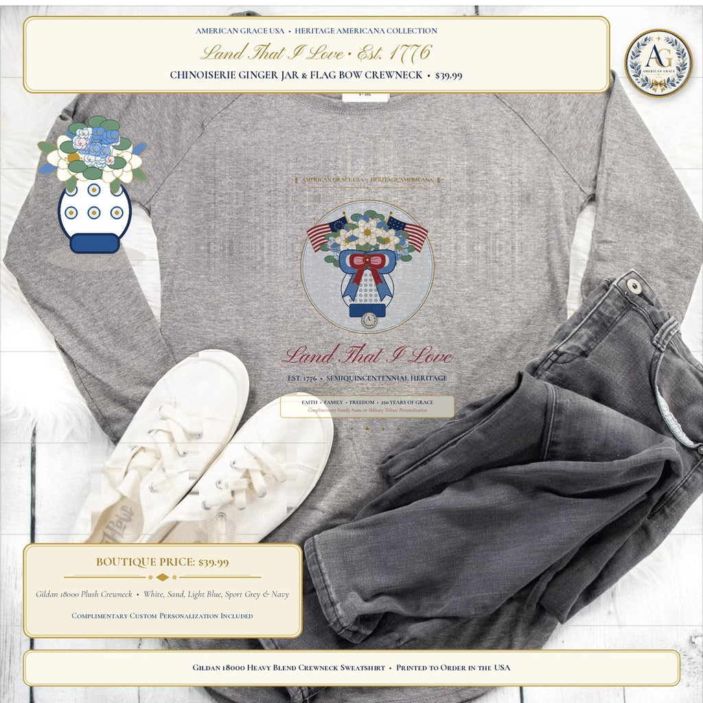 "Land That I Love • Est. 1776" Chinoiserie Ginger Jar, White Magnolia & Vintage American Flag Bow Heavyweight Crewneck Sweatshirt - Boutique Gallery Card 1