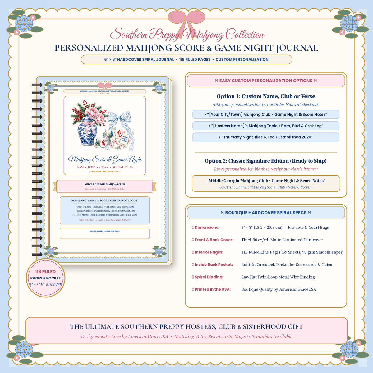 Personalized Mahjong Score & Game Night Journal — Boutique Flat-Lay & Easy Custom Name or Club Personalization Guide Card
