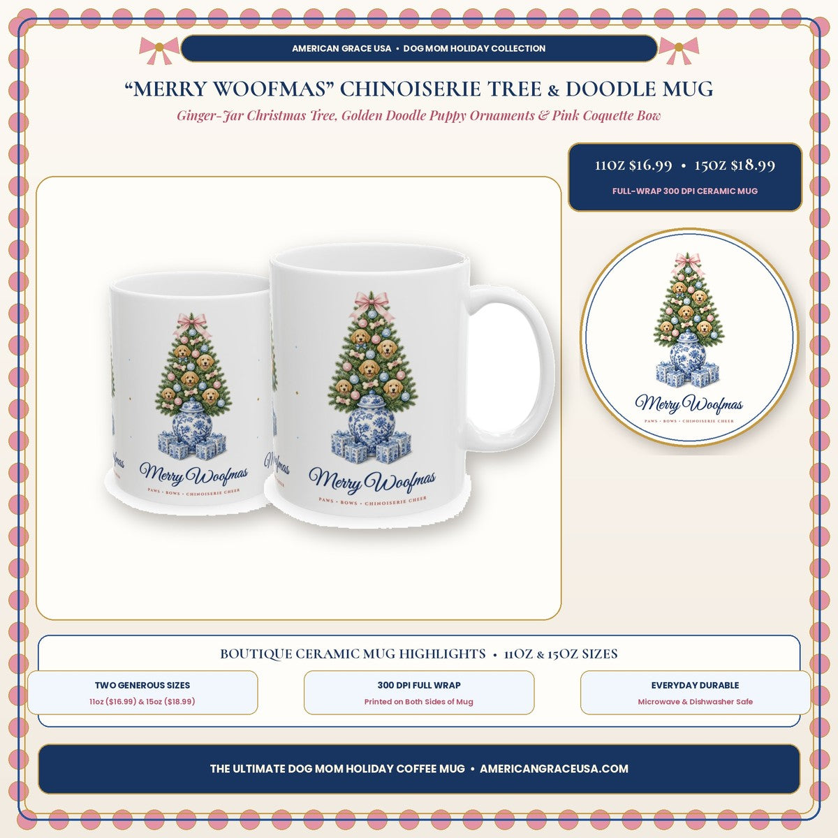 Merry Woofmas Chinoiserie Ginger-Jar Tree & Golden Doodle Dog Mom Holiday Mug Boutique Hero Card - AmericanGraceUSA