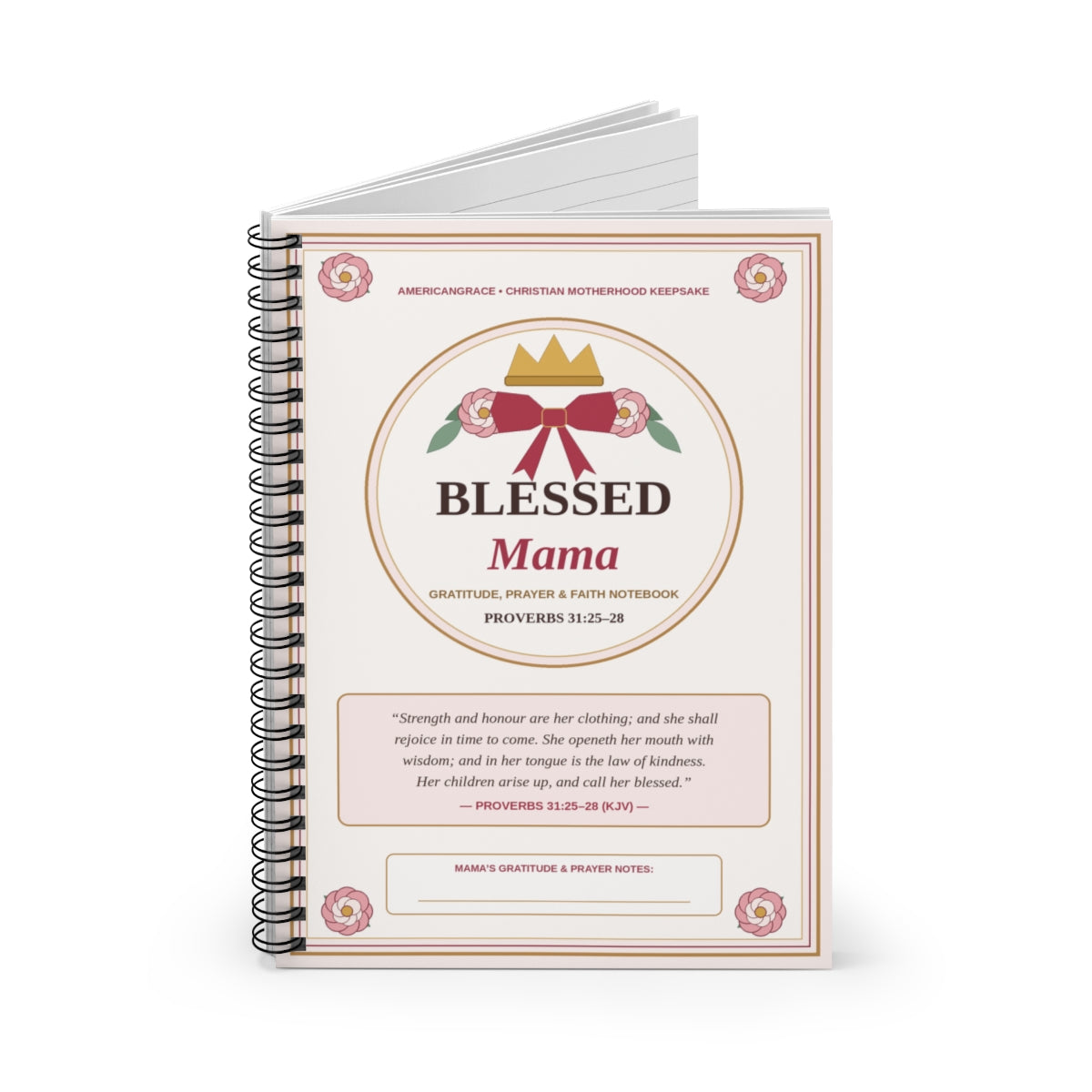Blessed Mama Proverbs 31 Gratitude & Faith Spiral Notebook - Standing Opened View