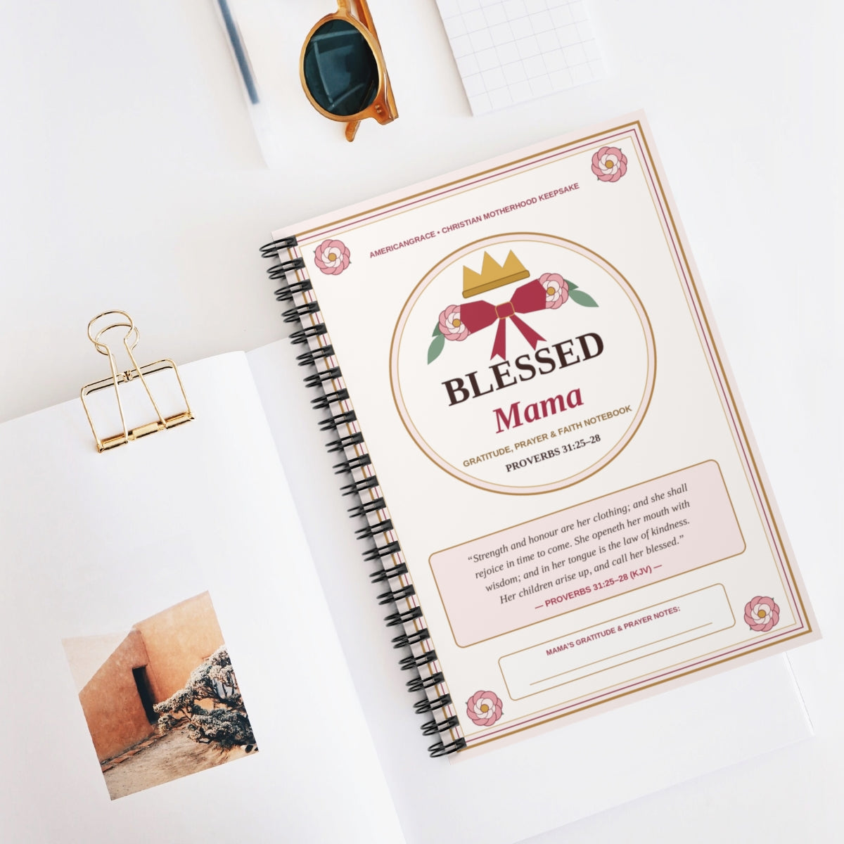 Blessed Mama Proverbs 31 Gratitude & Faith Spiral Notebook - Desk Flat-Lay Lifestyle View