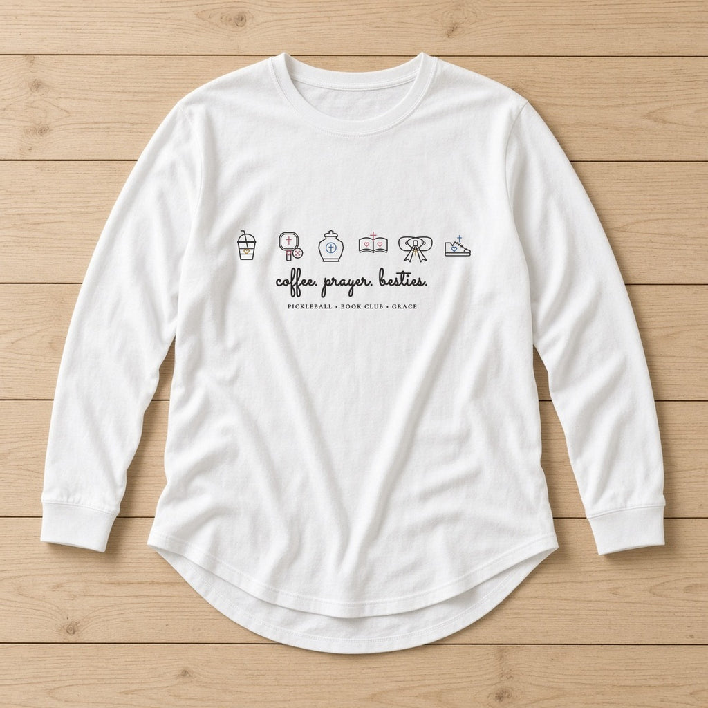 Coffee Prayer Besties Curved-Hem Long Sleeve Tunic in Crisp White Photographic Flat-Lay | American Grace USA