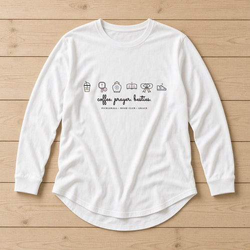 Coffee Prayer Besties Curved-Hem Long Sleeve Tunic in Crisp White Photographic Flat-Lay | American Grace USA