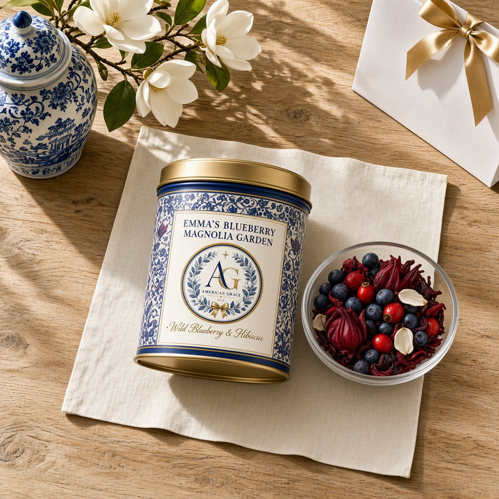 Emma's Blueberry Magnolia Garden Blend — USDA Organic Wild Blueberry, Hibiscus & Rosehips Tea (American Grace USA) — Sunlit White Oak Table Close-Up