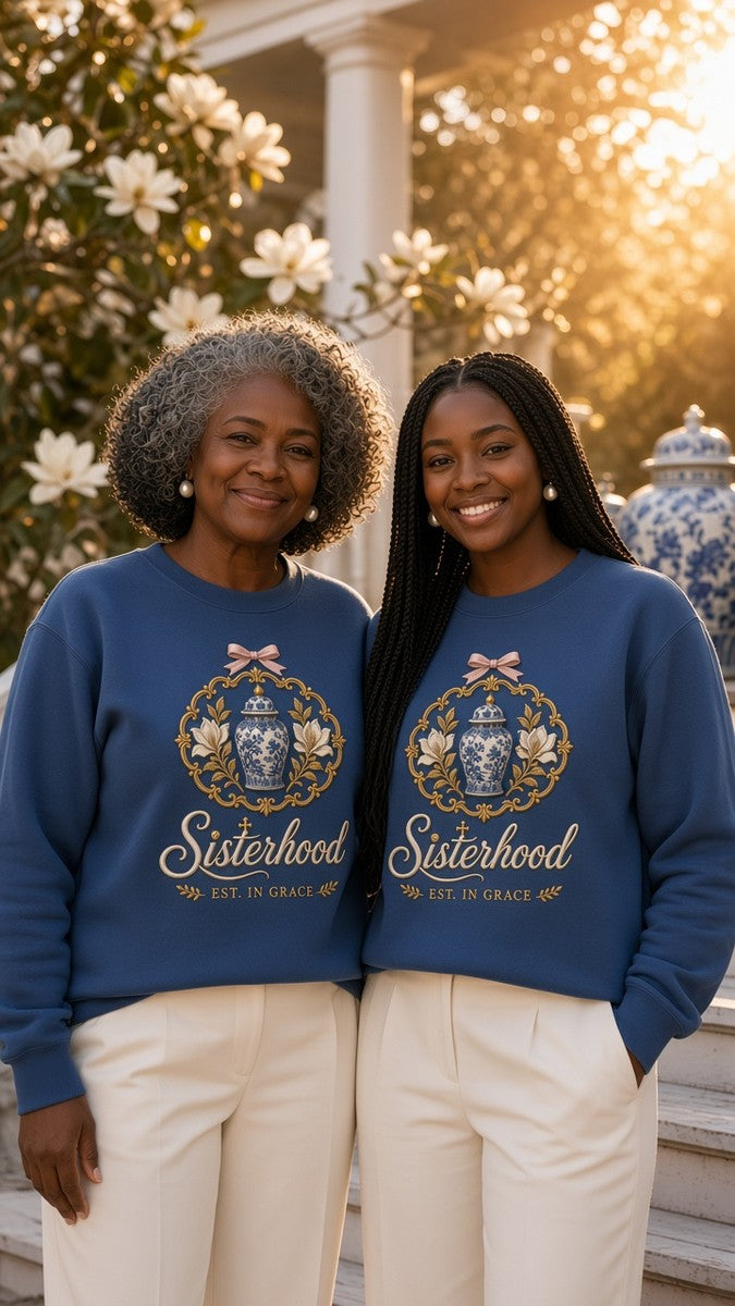 Sisters in matching Sisterhood Heirloom Crest Est. in Grace sweatshirts