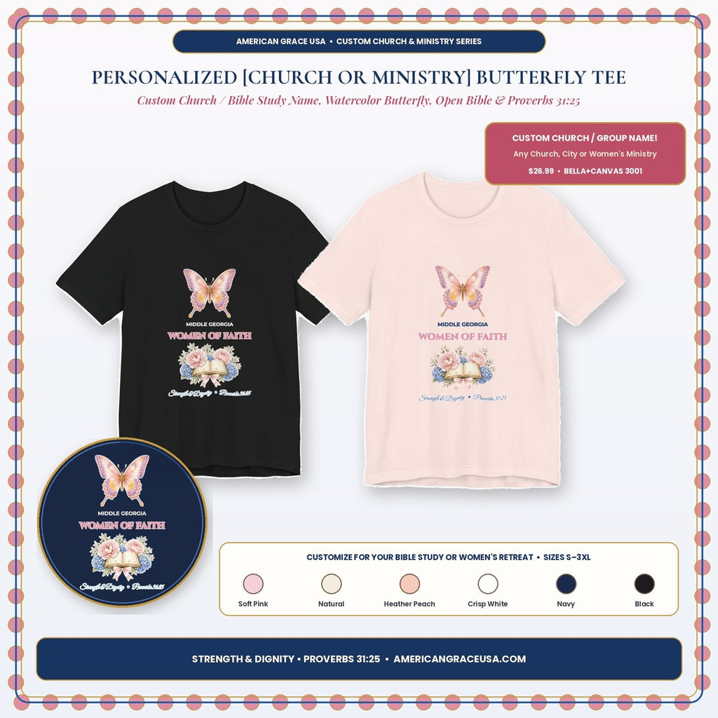 Personalized Custom Church or Ministry Name Watercolor Butterfly & Scripture Bella+Canvas 3001 Tee Boutique Hero Card — AmericanGraceUSA
