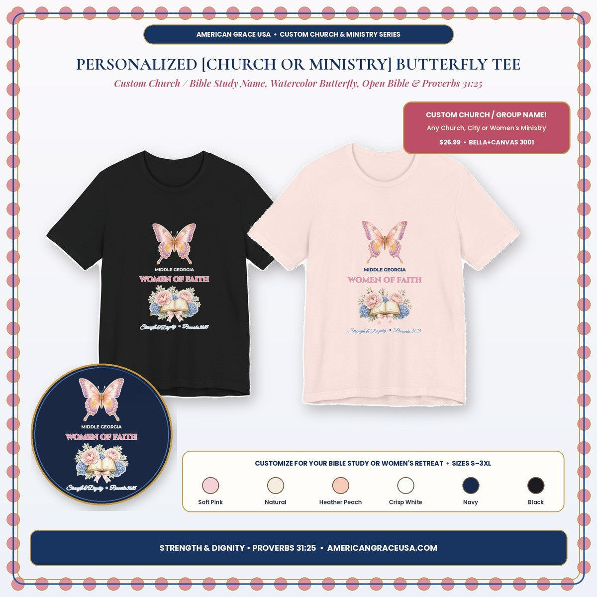 Personalized Custom Church or Ministry Name Watercolor Butterfly & Scripture Bella+Canvas 3001 Tee Boutique Hero Card — AmericanGraceUSA