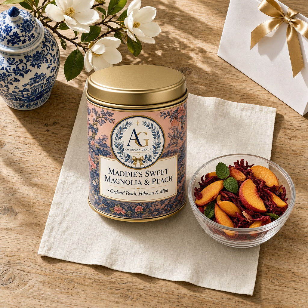 Maddie's Sweet Magnolia & Peach Blend — USDA Organic Orchard Peach, Ruby Hibiscus & Peppermint Tea (American Grace USA) — Sunlit White Oak Table Close-Up