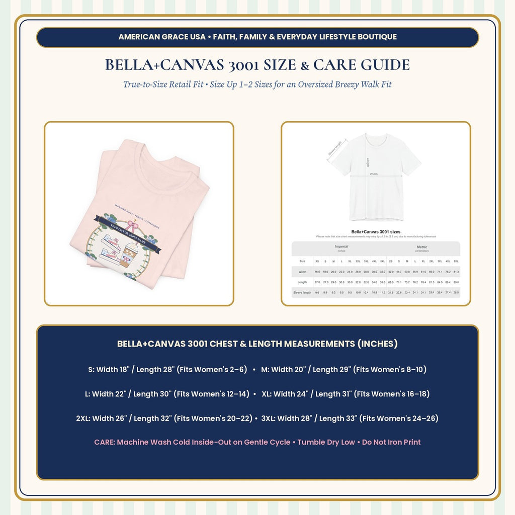 Bella+Canvas 3001 Size Chart & Care Instructions Card