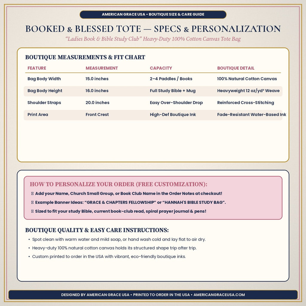 Booked & Blessed Tote Bag Dimensions & Personalization Guide — AmericanGraceUSA