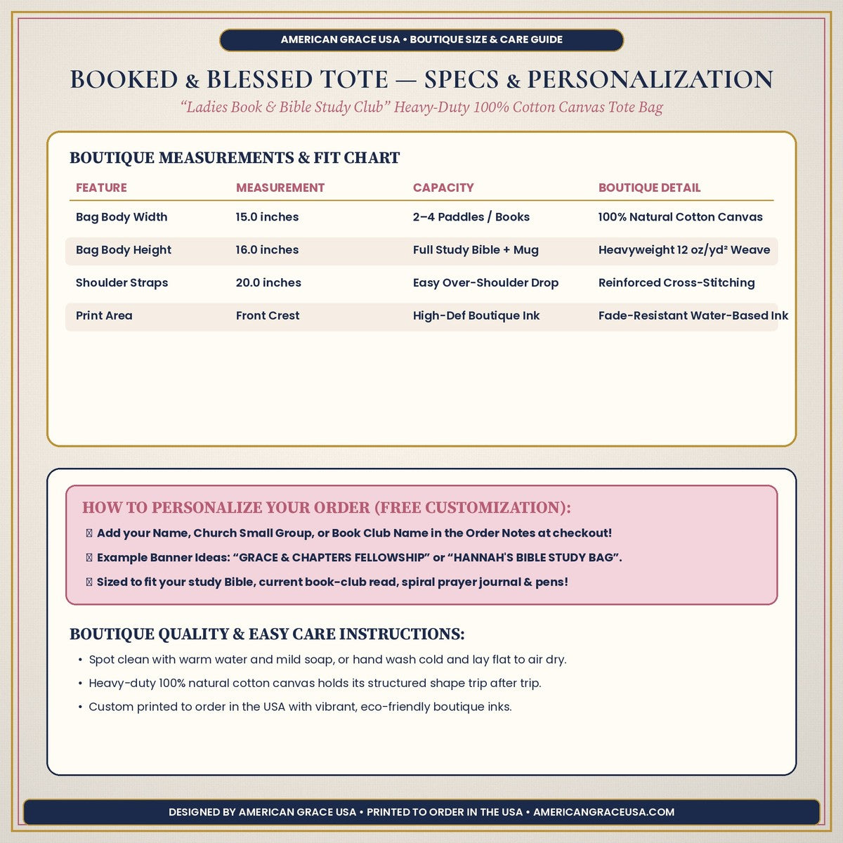 Booked & Blessed Tote Bag Dimensions & Personalization Guide — AmericanGraceUSA