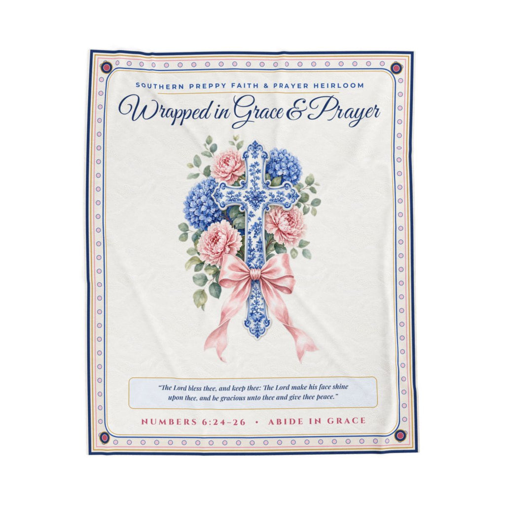 Chinoiserie Ginger-Jar & Blue Hydrangea Cross Wrapped in Grace & Prayer Plush Blanket (50x60)