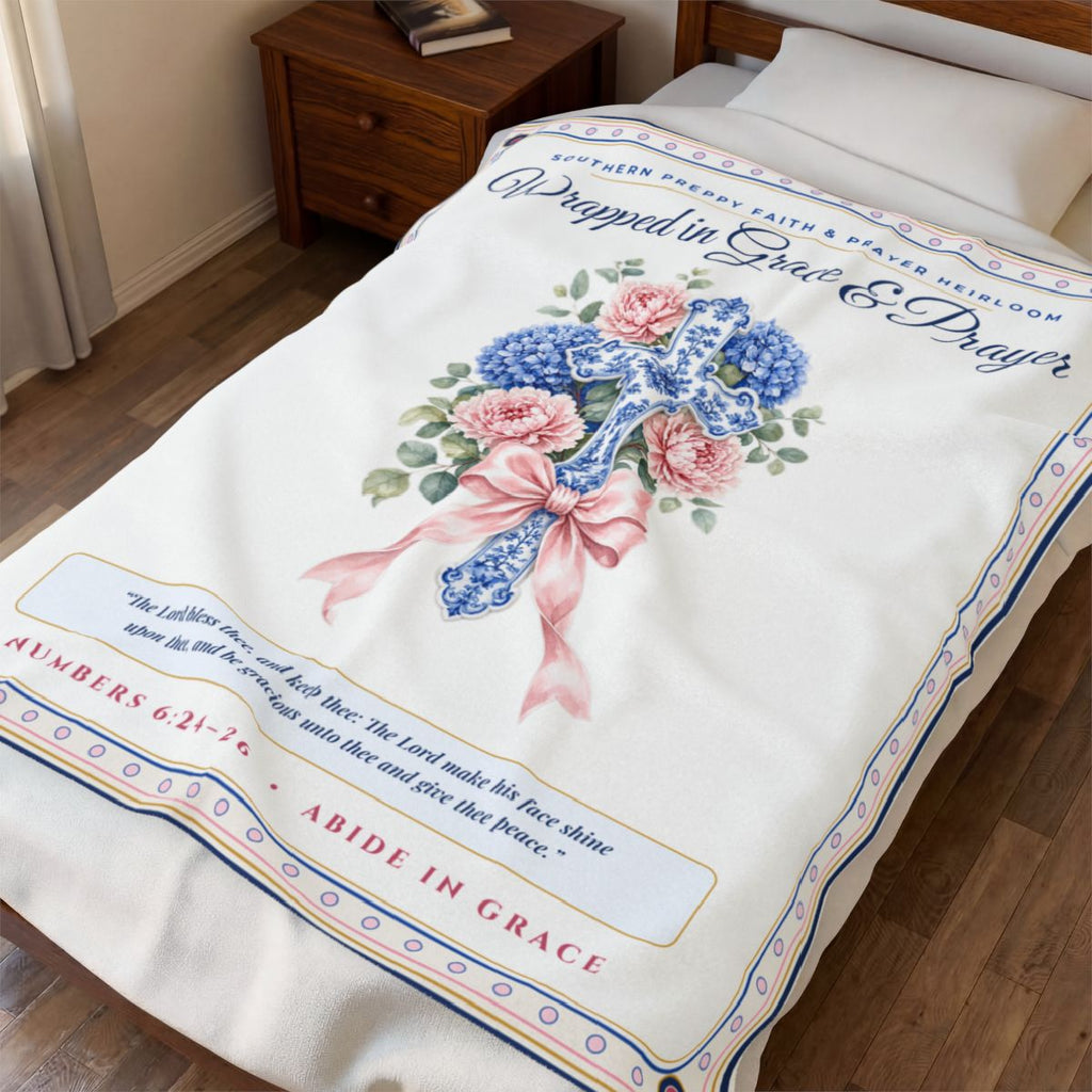 Chinoiserie Ginger-Jar & Blue Hydrangea Cross Wrapped in Grace & Prayer Folded Plush Blanket