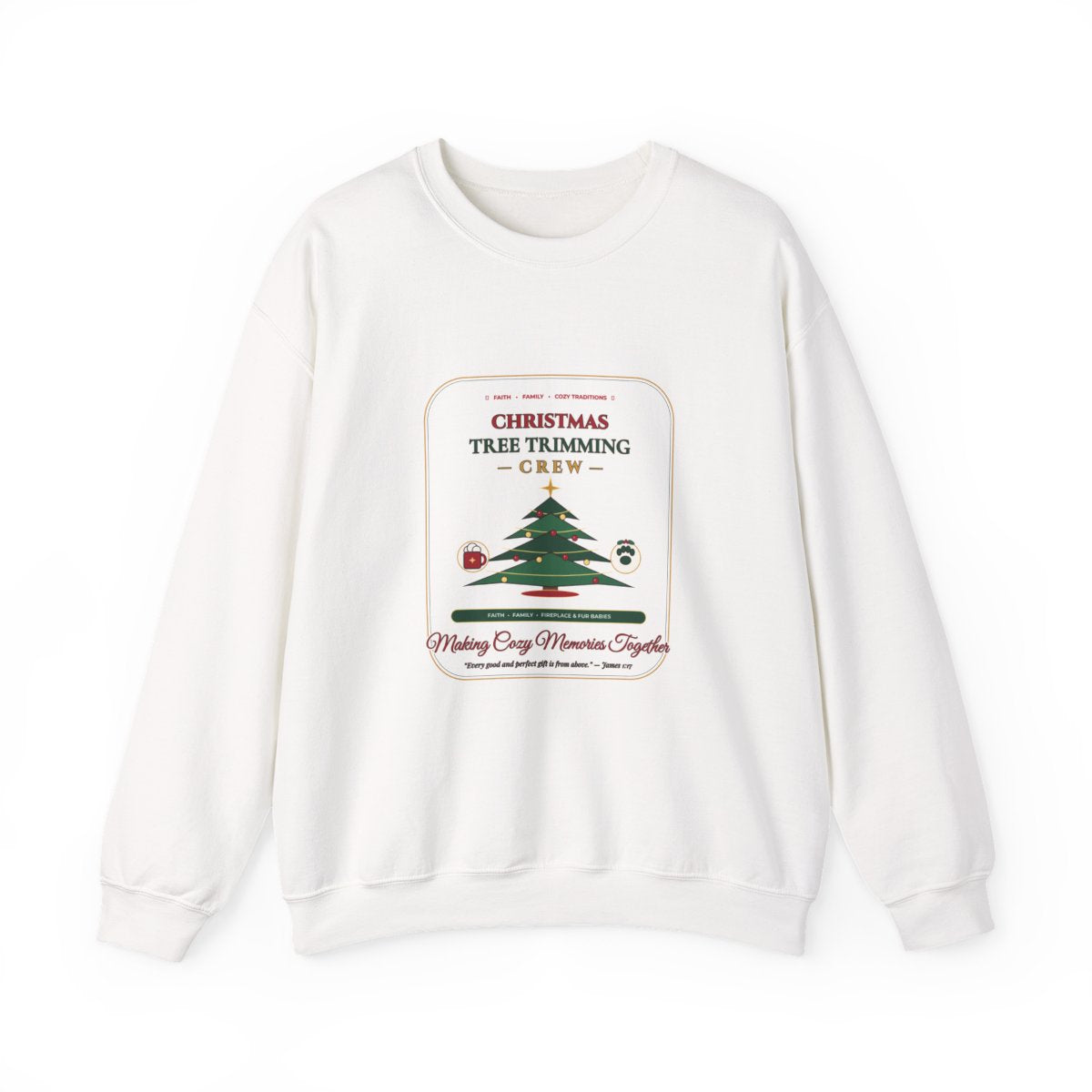 Christmas Tree Trimming Crew Sweatshirt in Snow White — Faith Family Fireplace & Fur Babies Crewneck by AmericanGraceUSA