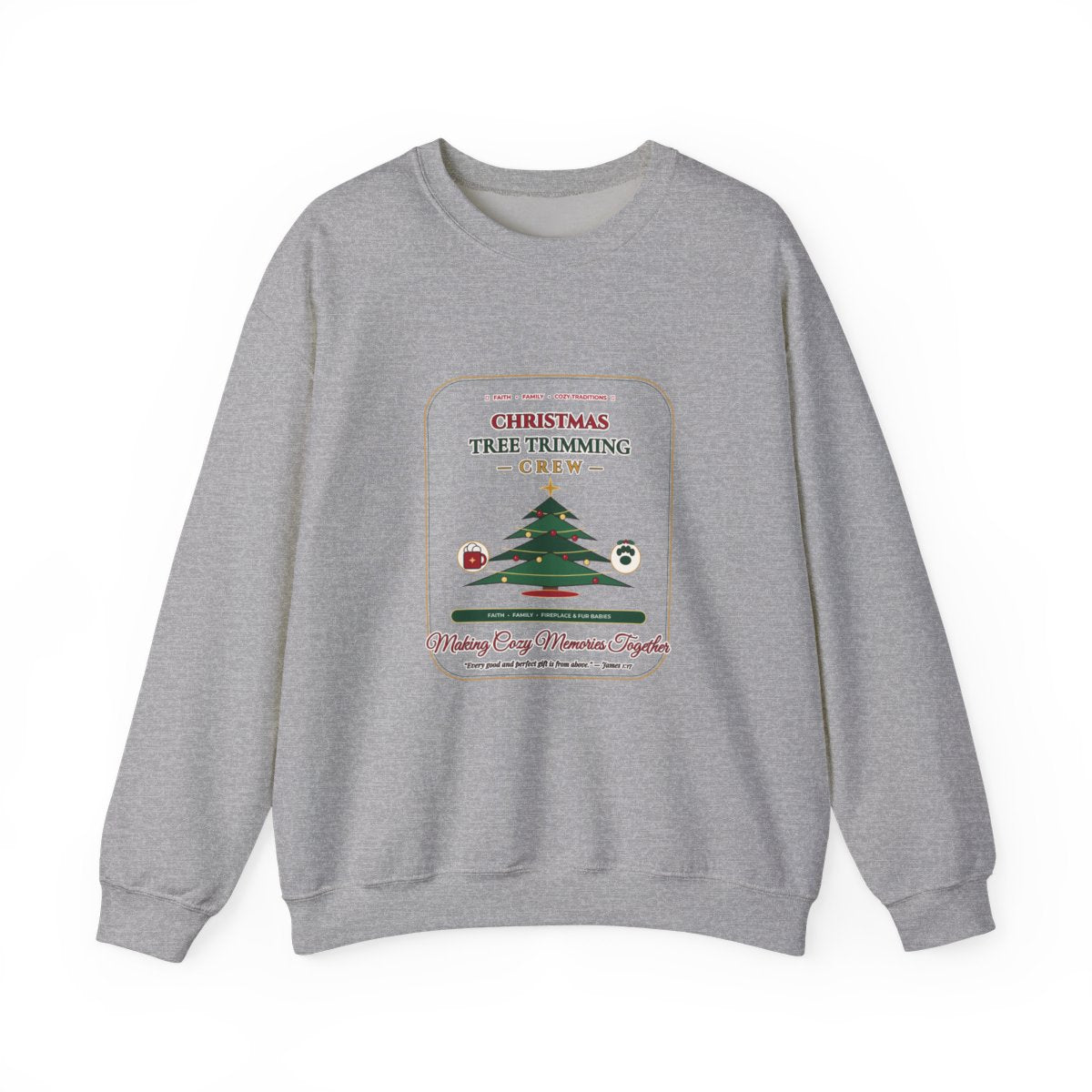 Christmas Tree Trimming Crew Sweatshirt in Sport Grey — James 1:17 Christian Family Christmas Crewneck by AmericanGraceUSA