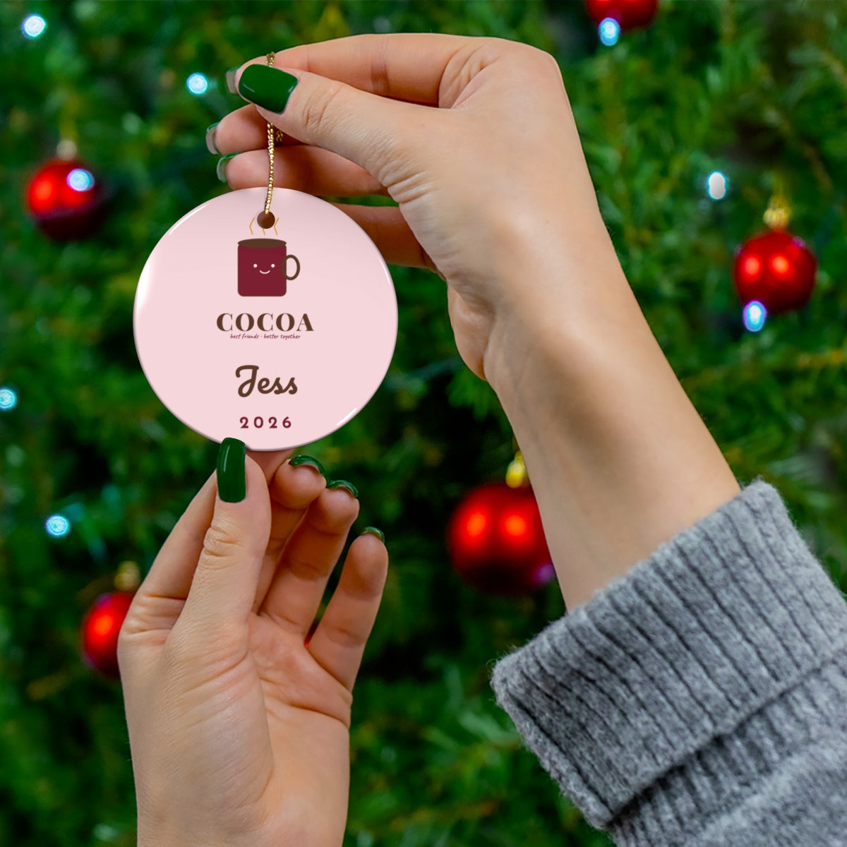 Cocoa and Marshmallow Ornament Personalized Best Friend Matching Ornament - Ceramic Detail View