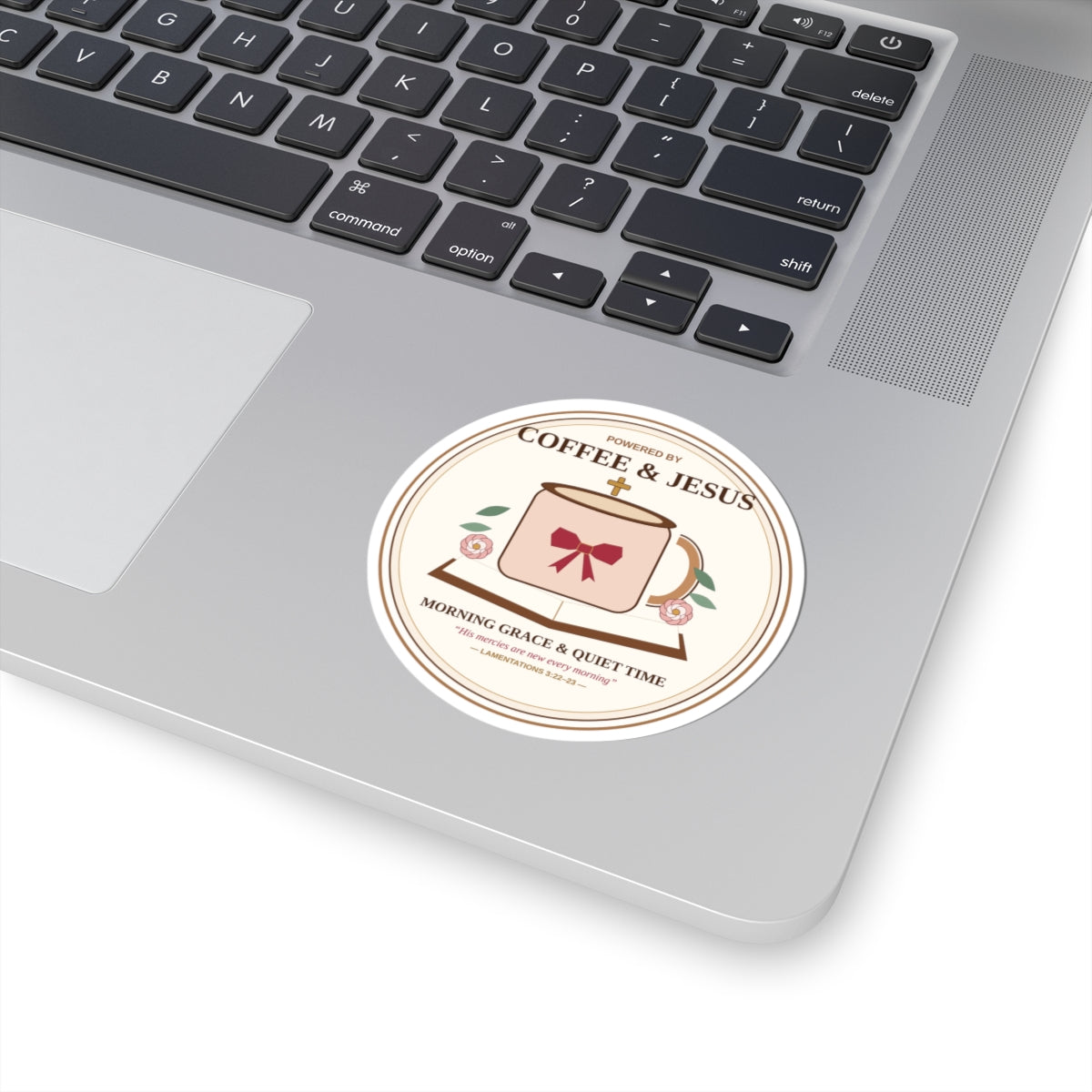 Coffee & Jesus Morning Grace Kiss-Cut Sticker - Laptop Lifestyle View