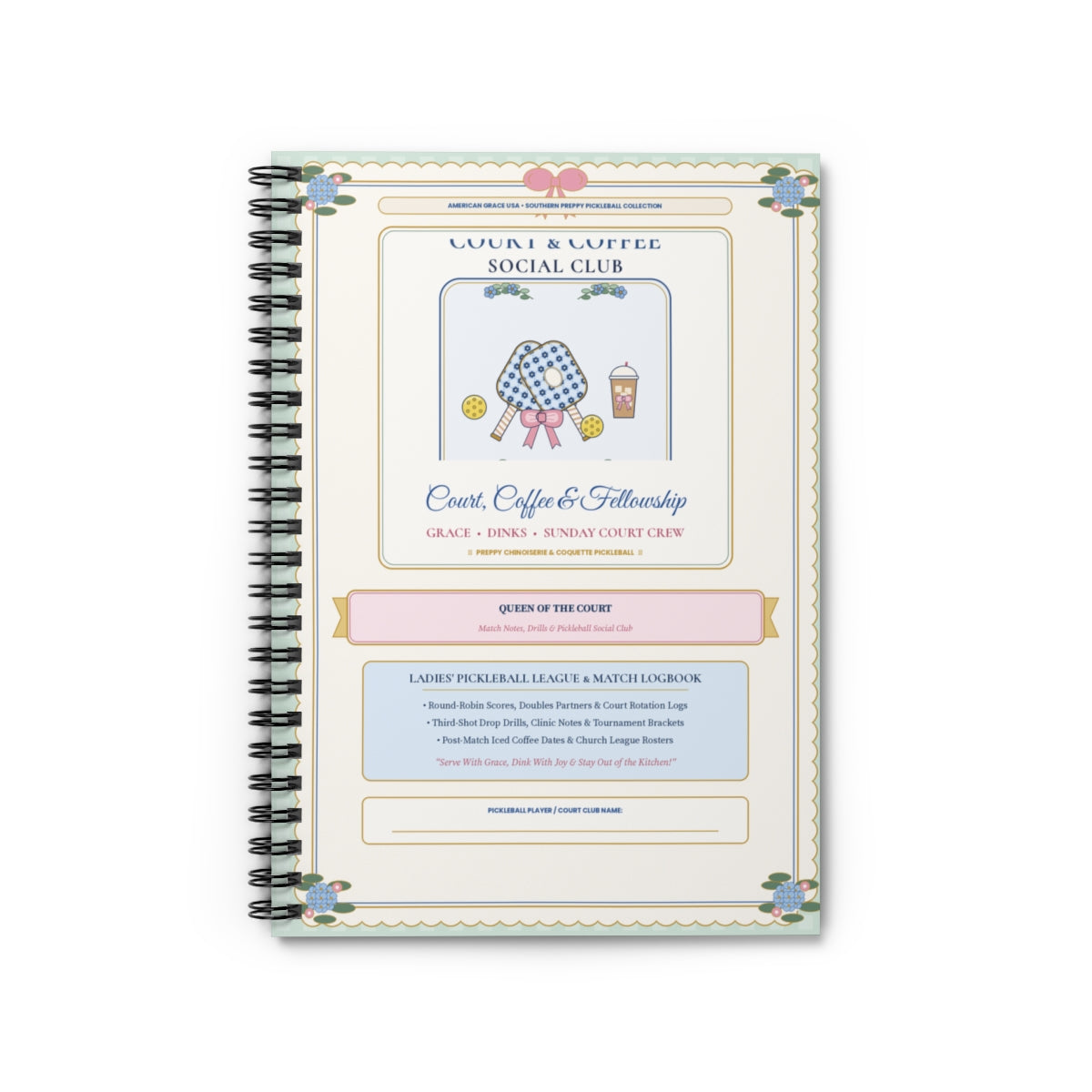 Court Coffee & Fellowship — Preppy Chinoiserie & Coquette Bow Ladies Pickleball Club Hardcover Spiral Journal Front Cover