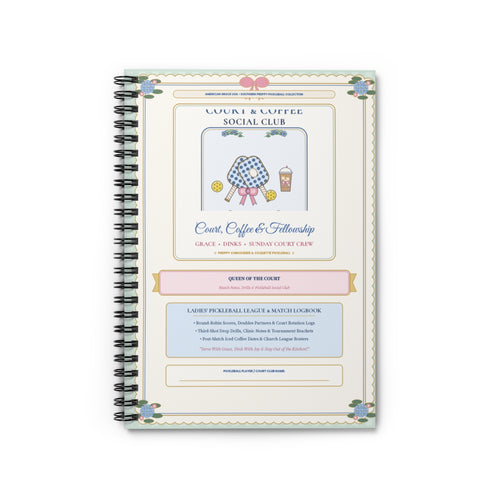 Court Coffee & Fellowship — Preppy Chinoiserie & Coquette Bow Ladies Pickleball Club Hardcover Spiral Journal Front Cover