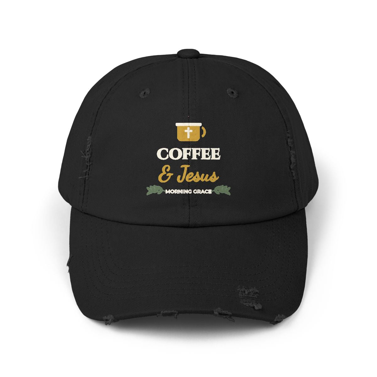 Coffee & Jesus Distressed Cotton Dad Cap — Stone Front View