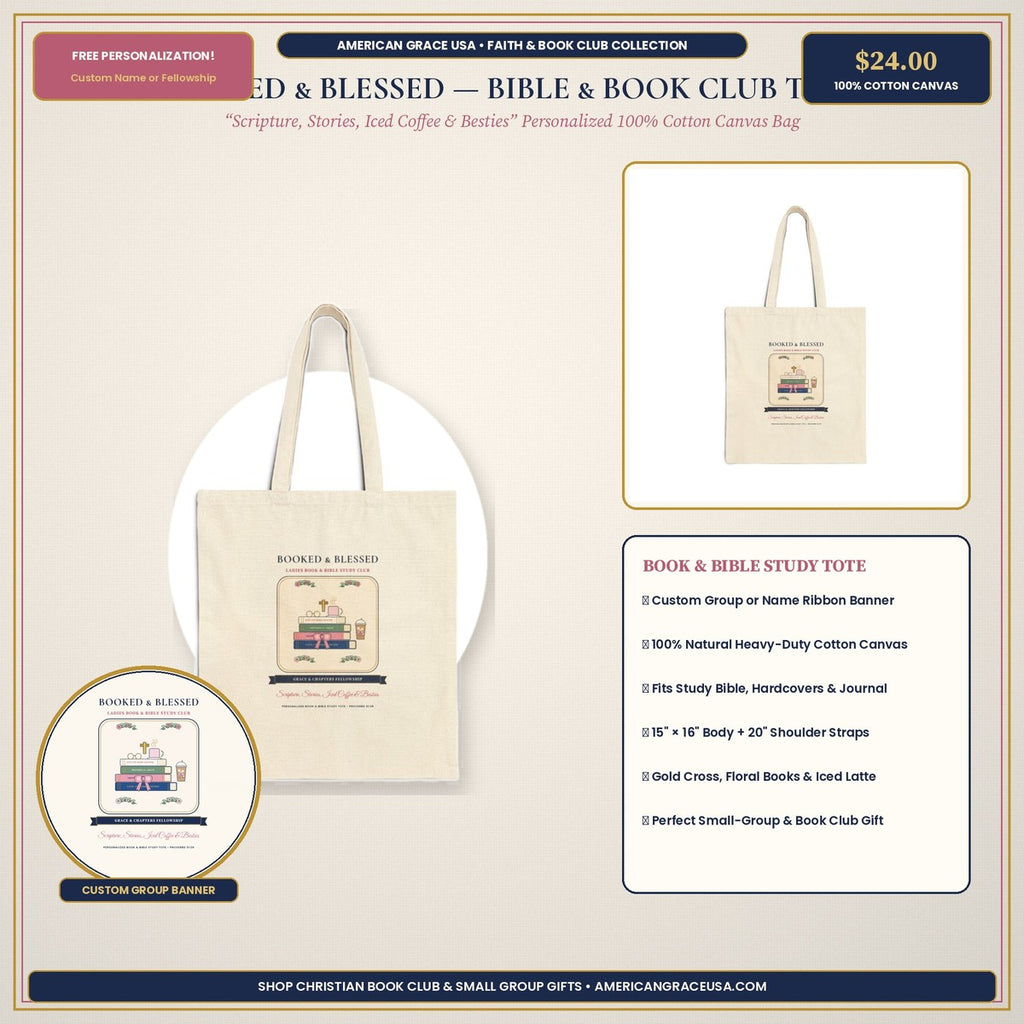 Personalized Booked & Blessed Canvas Tote Bag — Custom Ladies Book & Bible Study Club Boutique Flat-Lay Hero Mockup
