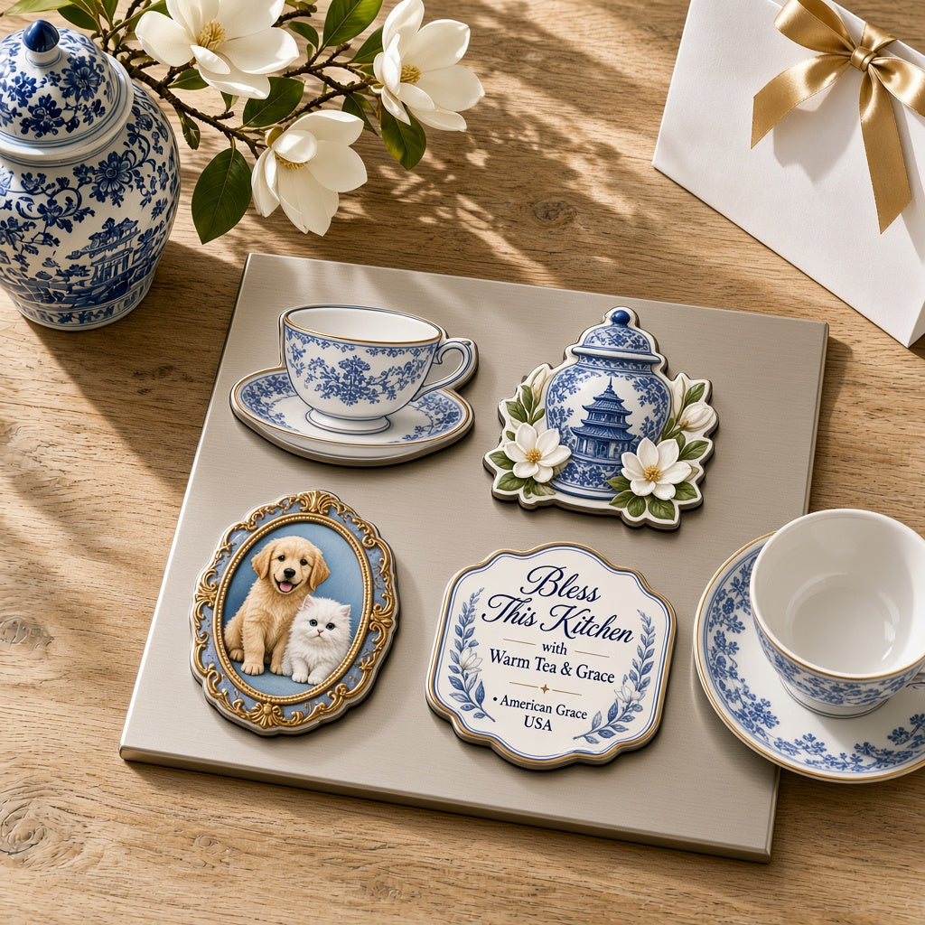 The Sisterhood "Biscuit, Peaches & Tea Table" 4-Piece Kitchen Refrigerator Magnet Set — Sunlit White Oak Table Close-Up