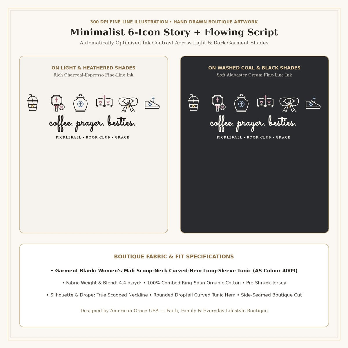 Coffee Prayer Besties 300 DPI Fine-Line Artwork & Fabric Detail Card | American Grace USA