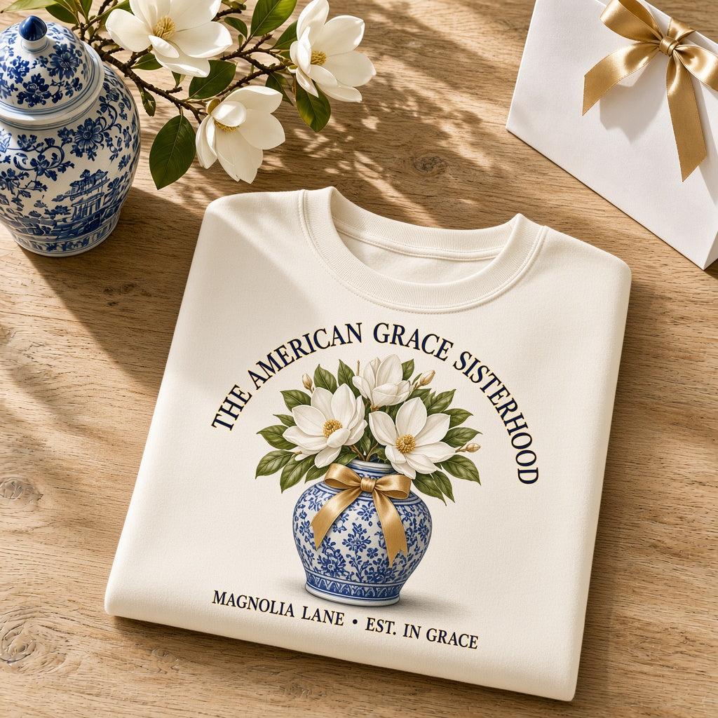 "The American Grace Sisterhood • Magnolia Lane Club" Heirloom Chinoiserie Ginger Jar & Magnolia Heavyweight Crewneck Sweatshirt (Ivory Cream) — Sunlit White Oak Table Close-Up