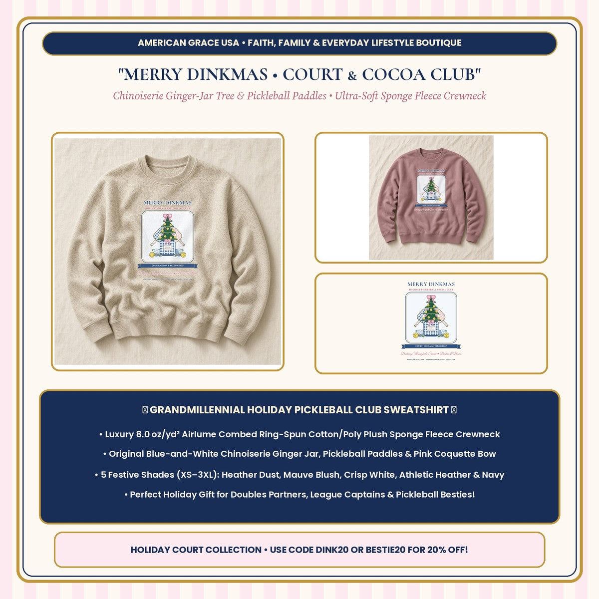 Merry Dinkmas Court & Cocoa Club Chinoiserie Ginger-Jar Tree Bella+Canvas Sponge Fleece Sweatshirt Hero Card | American Grace USA