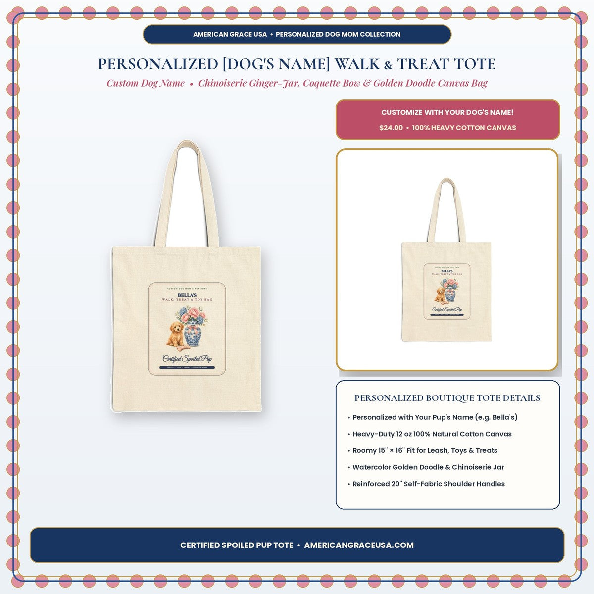 Personalized Custom Dog Name Walk, Treat & Toy Chinoiserie Coquette Canvas Tote Bag Boutique Hero Card — AmericanGraceUSA