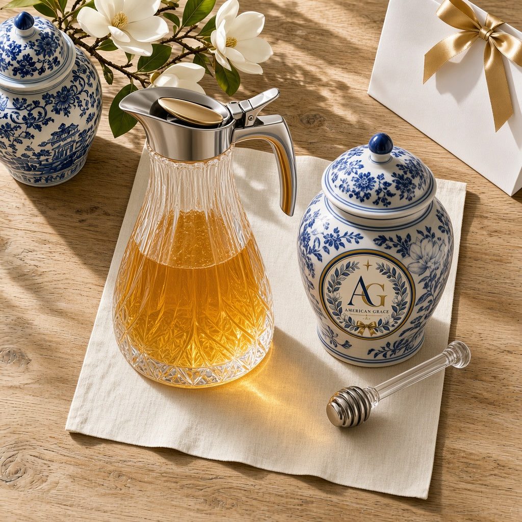 "Magnolia Lane" Faceted Crystal Glass & Brushed Stainless-Steel Honey Pourer + Chinoiserie Porcelain Honey Jar — Sunlit White Oak Table Close-Up