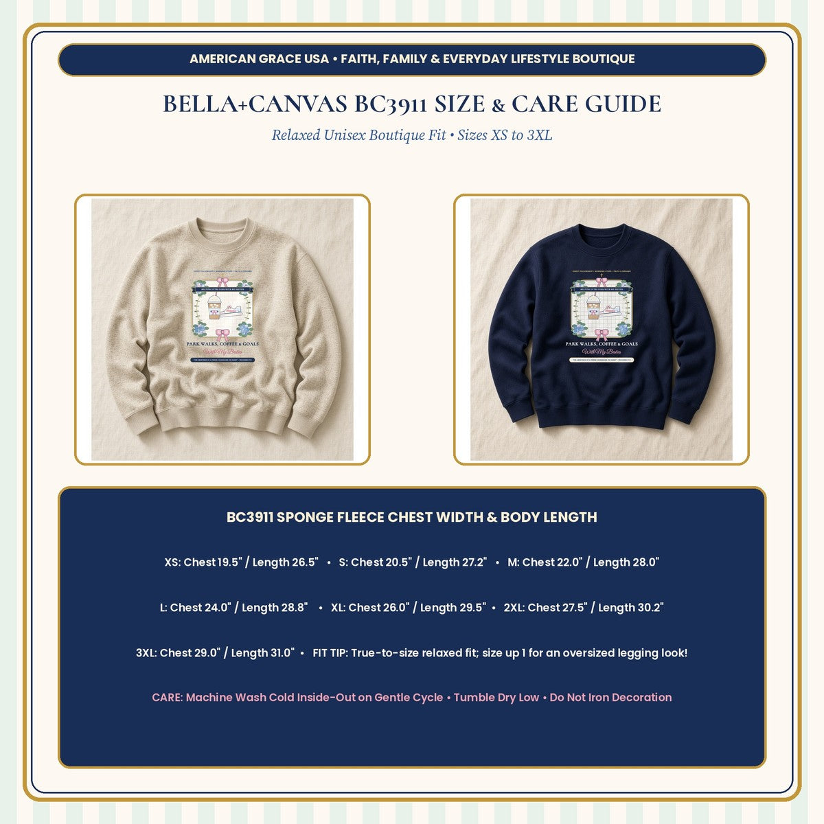 Bella+Canvas BC3911 Sponge Fleece Crewneck Size Chart & Care Guide | American Grace USA