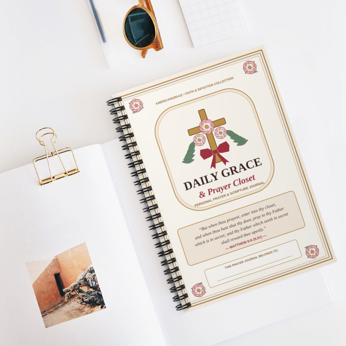 Daily Grace & Prayer Closet Spiral Prayer Journal - Desk Flat-Lay Lifestyle View
