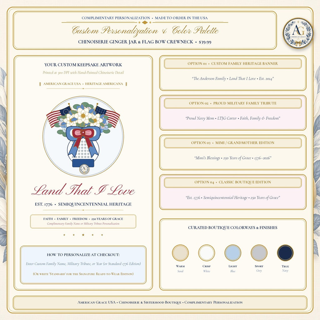 "Land That I Love • Est. 1776" Chinoiserie Ginger Jar, White Magnolia & Vintage American Flag Bow Heavyweight Crewneck Sweatshirt - Boutique Gallery Card 2