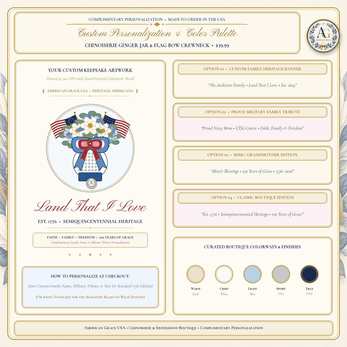 "Land That I Love • Est. 1776" Chinoiserie Ginger Jar, White Magnolia & Vintage American Flag Bow Heavyweight Crewneck Sweatshirt - Boutique Gallery Card 2